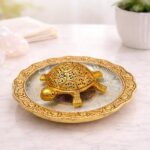 Feng Shui | Vastu Metal Designer Turtle | Tortoise In Designer Golden Glass Plate (14 Cms)
