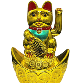 Feng Shui Lucky Cat Sitting On Wealth Ingots & Lucky Coins with Waving Hand Showpiece (14 Cms) (1 Pc)